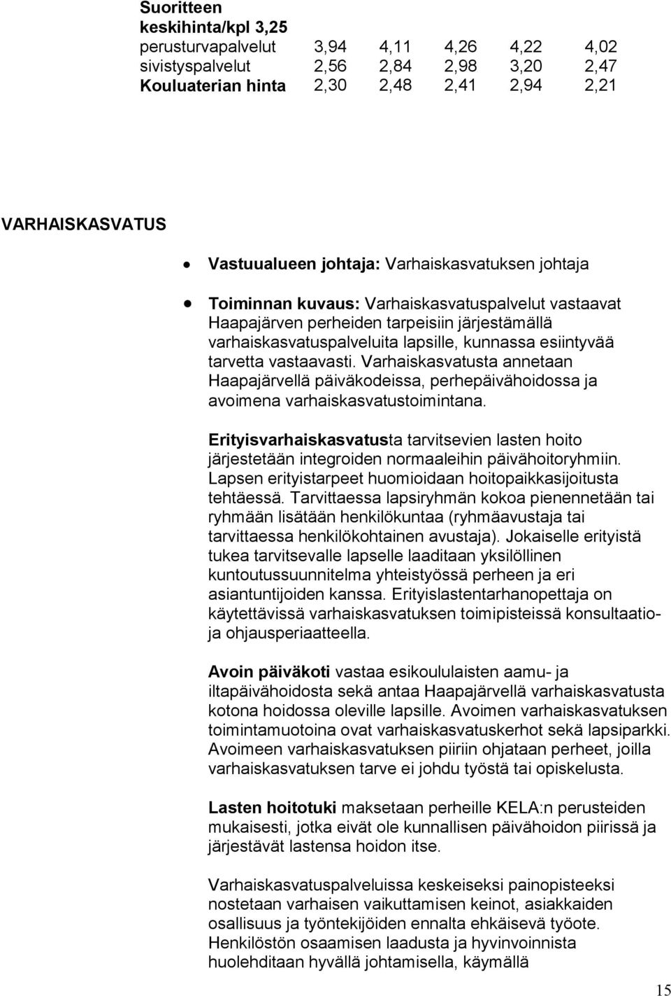 vastaavasti. Varhaiskasvatusta annetaan Haapajärvellä päiväkodeissa, perhepäivähoidossa ja avoimena varhaiskasvatustoimintana.