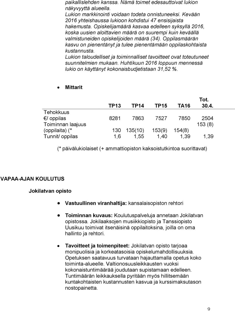 Oppilasmäärän kasvu on pienentänyt ja tulee pienentämään oppilaskohtaista kustannusta. Lukion taloudelliset ja toiminnalliset tavoitteet ovat toteutuneet suunnitelmien mukaan.