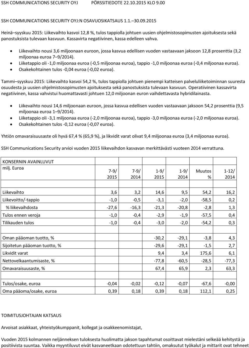 Liikevaihto nousi 3,6 miljoonaan euroon, jossa kasvua edellisen vuoden vastaavaan jaksoon 12,8 prosenttia (3,2 miljoonaa euroa 7 9/).