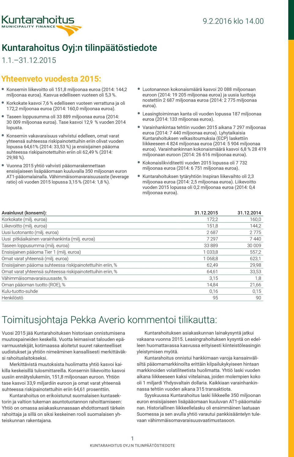 Taseen loppusumma oli 33 889 miljoonaa euroa (2014: 30 009 miljoonaa euroa). Tase kasvoi 12,9 % vuoden 2014 lopusta.