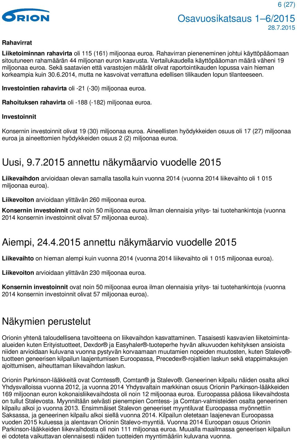 2014, mutta ne kasvoivat verrattuna edellisen tilikauden lopun tilanteeseen. Investointien rahavirta oli -21 (-30) miljoonaa euroa. Rahoituksen rahavirta oli -188 (-182) miljoonaa euroa.