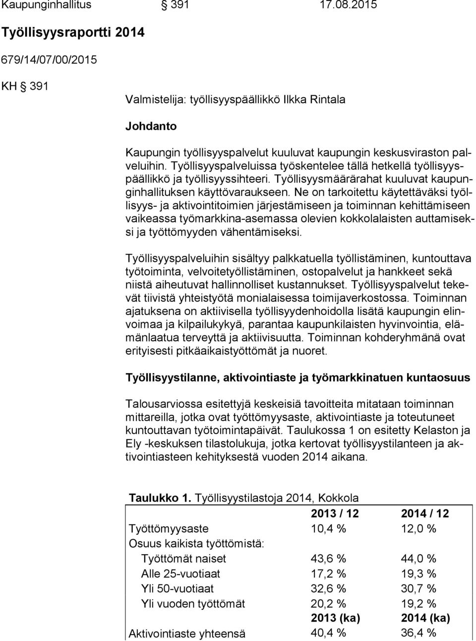 Työllisyyspalveluissa työskentelee tällä hetkellä työl li syyspääl lik kö ja työllisyyssihteeri. Työllisyysmäärärahat kuuluvat kau pungin hal li tuk sen käyttövaraukseen.