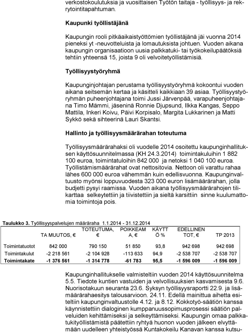 Vuoden aikana kau pun gin organisaatioon uusia palkkatuki- tai työkokeilupäätöksiä teh tiin yhteensä 15, joista 9 oli velvoitetyöllistämisiä.