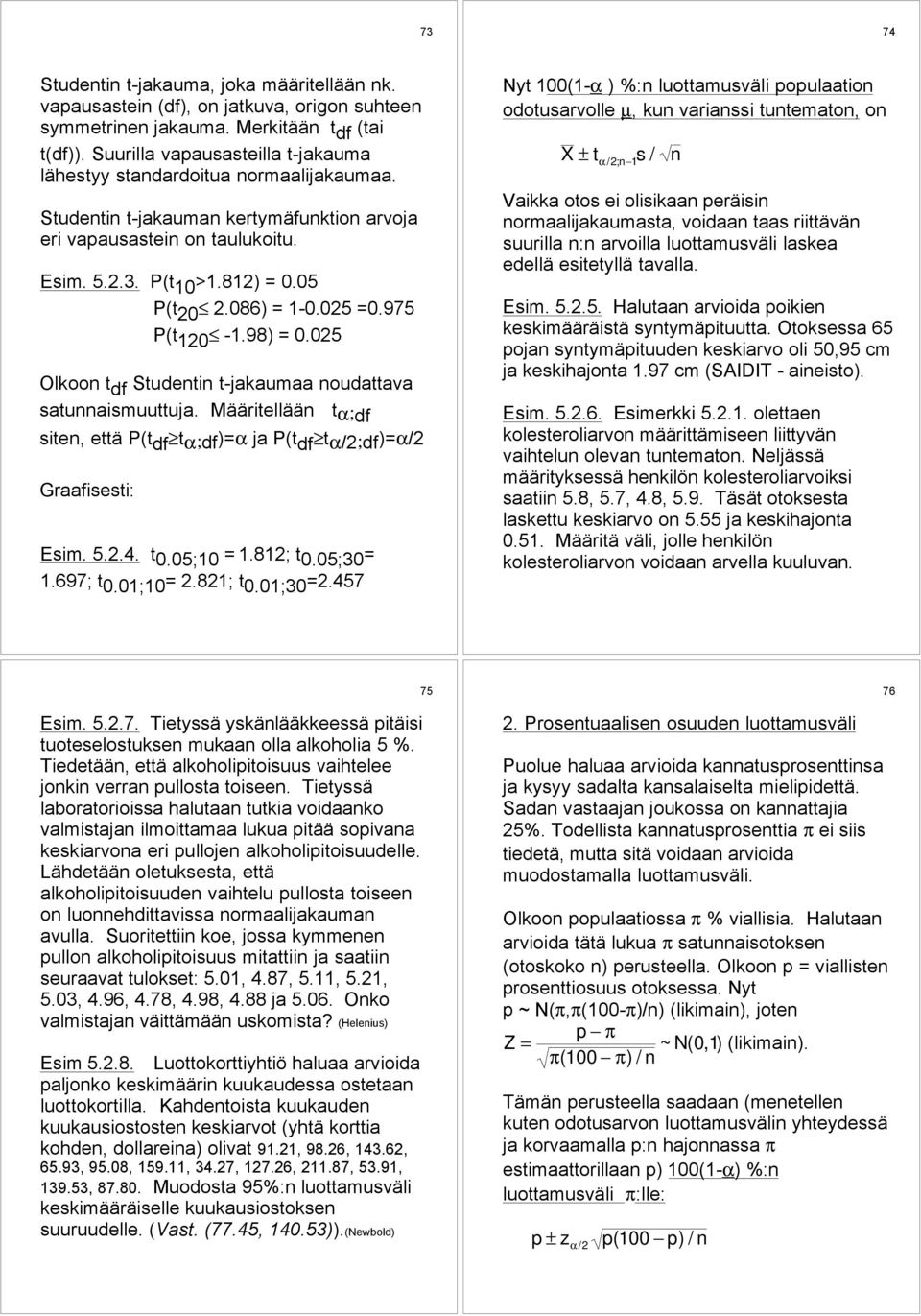 086) = 1-0.025 =0.975 P(t 120-1.98) = 0.025 Olkoon t df Studentin t-jakaumaa noudattava satunnaismuuttuja. MŠŠritellŠŠn tα;df siten, ettš P(t df tα;df)=α ja P(t df tα/2;df)=α/2 Graafisesti: Esim. 5.2.4.