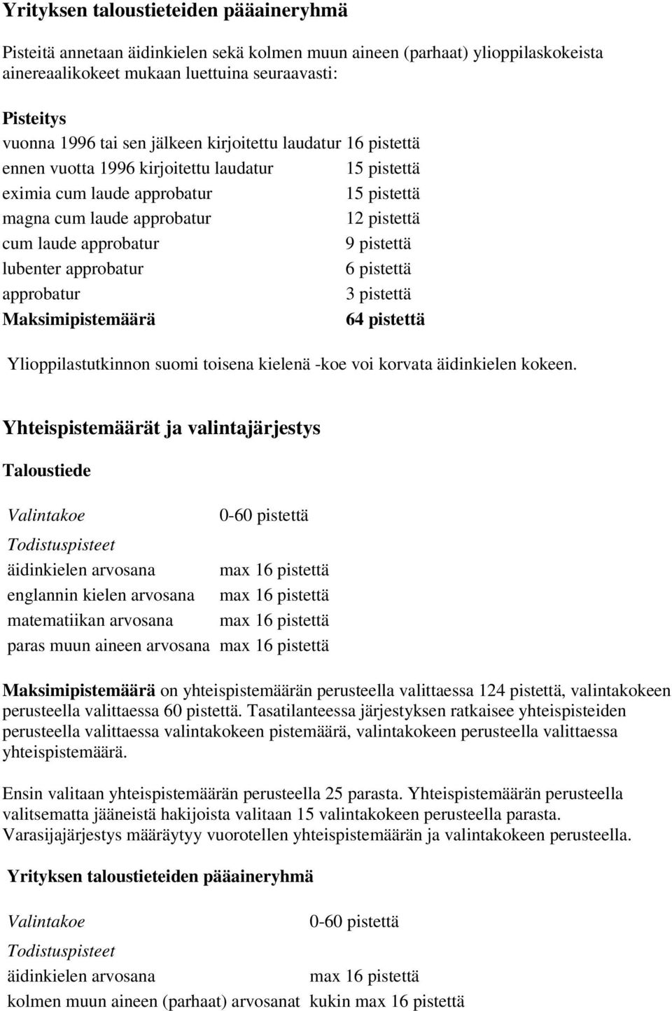 pistettä lubenter approbatur 6 pistettä approbatur 3 pistettä Maksimipistemäärä 64 pistettä Ylioppilastutkinnon suomi toisena kielenä -koe voi korvata äidinkielen kokeen.