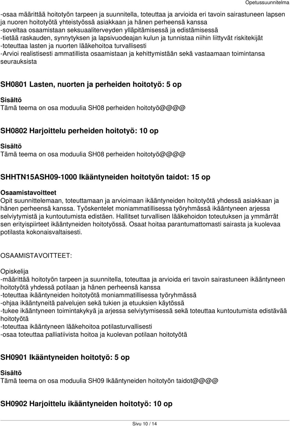 turvallisesti -Arvioi realistisesti ammatillista osaamistaan ja kehittymistään sekä vastaamaan toimintansa seurauksista SH0801 Lasten, nuorten ja perheiden hoitotyö: 5 op Tämä teema on osa moduulia