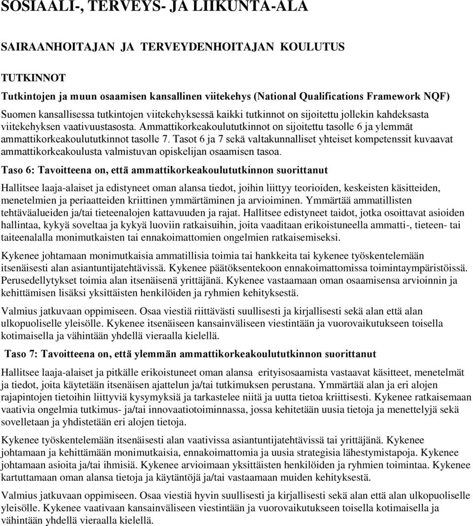 Ammattikorkeakoulututkinnot on sijoitettu tasolle 6 ja ylemmät ammattikorkeakoulututkinnot tasolle 7.