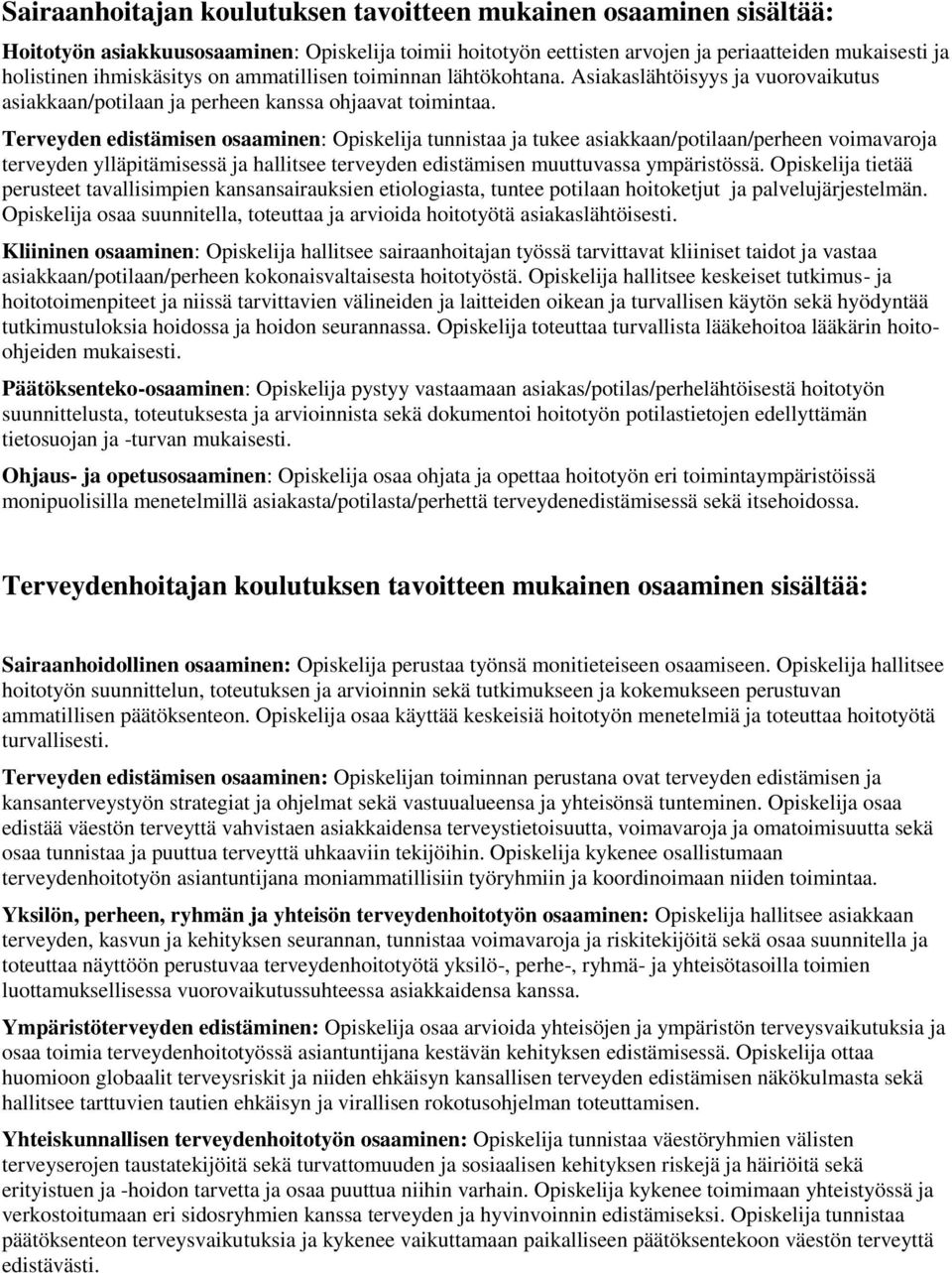 Terveyden edistämisen osaaminen: Opiskelija tunnistaa ja tukee asiakkaan/potilaan/perheen voimavaroja terveyden ylläpitämisessä ja hallitsee terveyden edistämisen muuttuvassa ympäristössä.