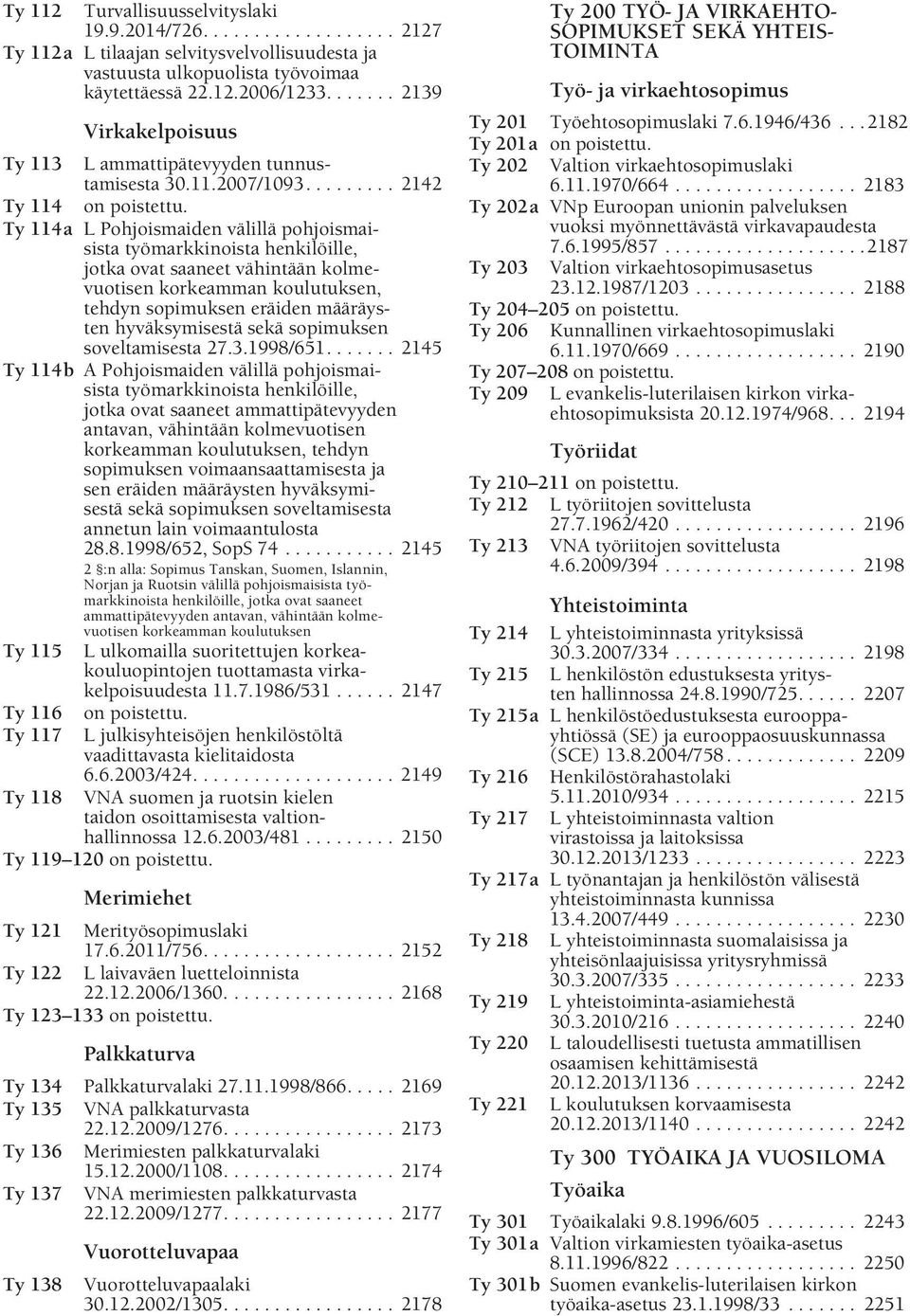 ........ 2142 Ty 114 Ty 114a L Pohjoismaiden välillä pohjoismaisista työmarkkinoista henkilöille, jotka ovat saaneet vähintään kolmevuotisen korkeamman koulutuksen, tehdyn sopimuksen eräiden