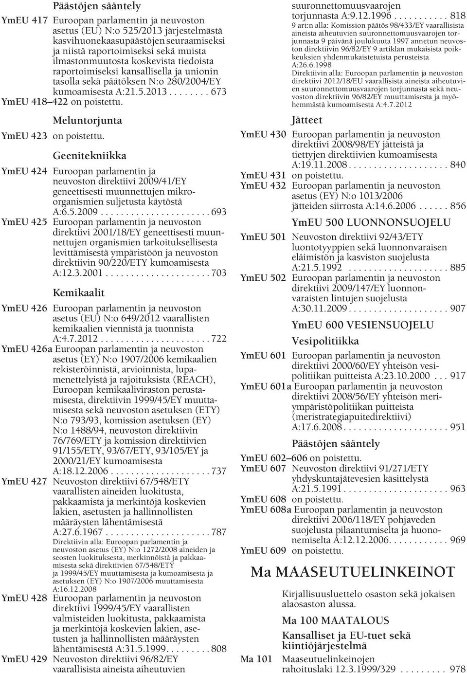 ....... 673 YmEU 418 422 Meluntorjunta YmEU 423 Geenitekniikka YmEU 424 Euroopan parlamentin ja neuvoston direktiivi 2009/41/EY geneettisesti muunnettujen mikroorganismien suljetusta käytöstä A:6.5.