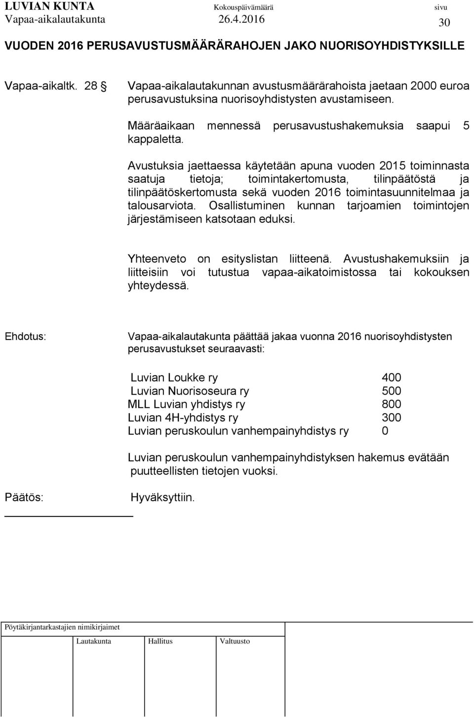 Avustuksia jaettaessa käytetään apuna vuoden 2015 toiminnasta saatuja tietoja; toimintakertomusta, tilinpäätöstä ja tilinpäätöskertomusta sekä vuoden 2016 toimintasuunnitelmaa ja talousarviota.