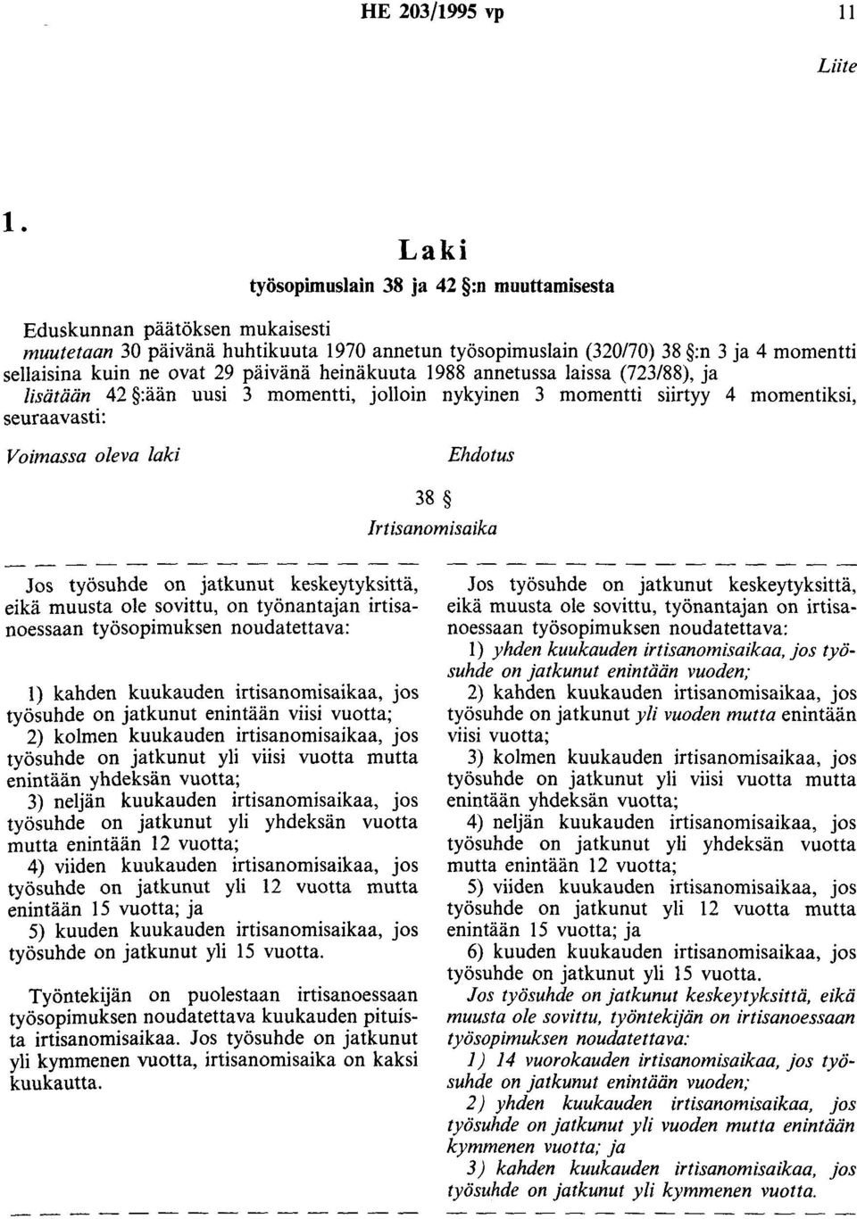 päivänä heinäkuuta 1988 annetussa laissa (723/88), ja lisätään 42 :ään uusi 3 momentti, jolloin nykyinen 3 momentti siirtyy 4 momentiksi, seuraavasti: Voimassa oleva laki Ehdotus 38 Irtisanomisaika