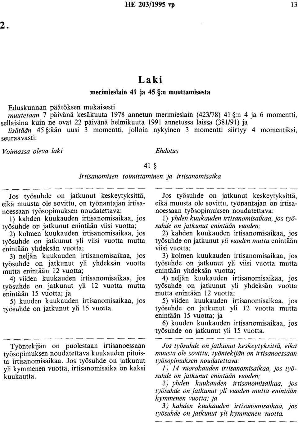 helmikuuta 1991 annetussa laissa (381/91) ja lisätään 45 :ään uusi 3 momentti, jolloin nykyinen 3 momentti siirtyy 4 momentiksi, seuraavasti: Voimassa oleva laki Ehdotus 41 Irtisanomisen