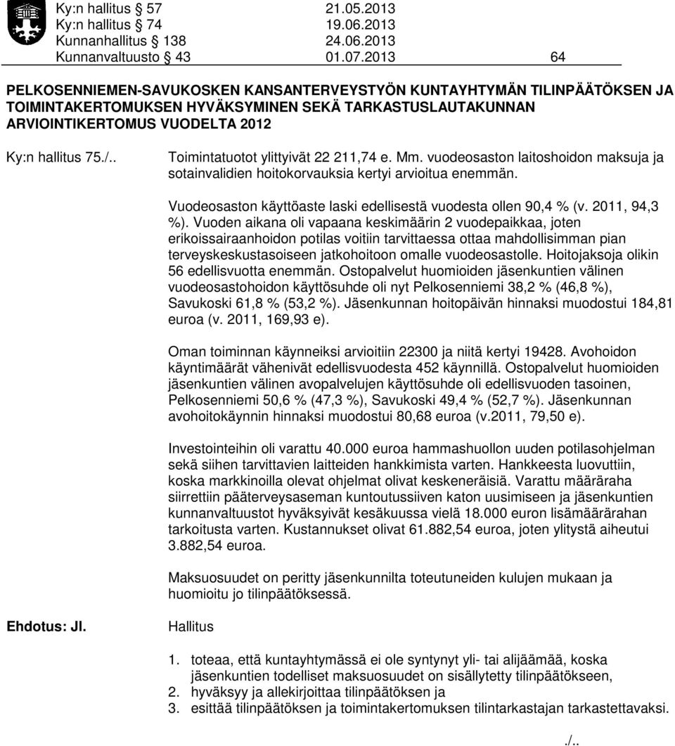 . Toimintatuotot ylittyivät 22 211,74 e. Mm. vuodeosaston laitoshoidon maksuja ja sotainvalidien hoitokorvauksia kertyi arvioitua enemmän.