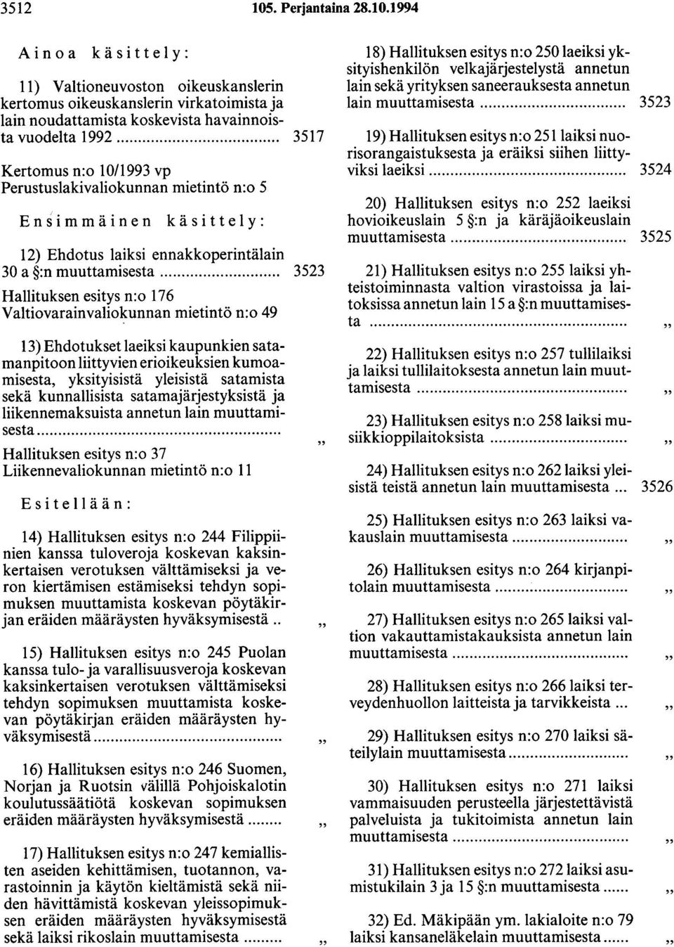 ........ 3523 Hallituksen esitys n:o 176 Valtiovarainvaliokunnan mietintö n:o 49 13) Ehdotukset laeiksi kaupunkien satamanpitoon liittyvien erioikeuksien kumoamisesta, yksityisistä yleisistä