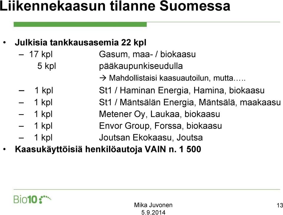 . 1 kpl St1 / Haminan Energia, Hamina, biokaasu 1 kpl St1 / Mäntsälän Energia, Mäntsälä, maakaasu 1