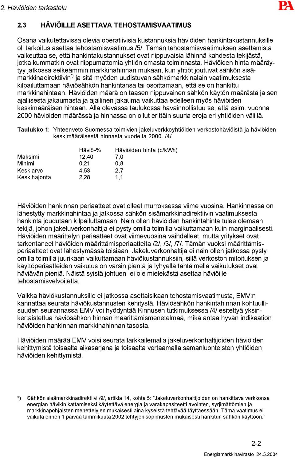 Häviöiden hinta määräytyy jatkossa selkeämmin markkinahinnan mukaan, kun yhtiöt joutuvat sähkön sisämarkkinadirektiivin *) ja sitä myöden uudistuvan sähkömarkkinalain vaatimuksesta kilpailuttamaan