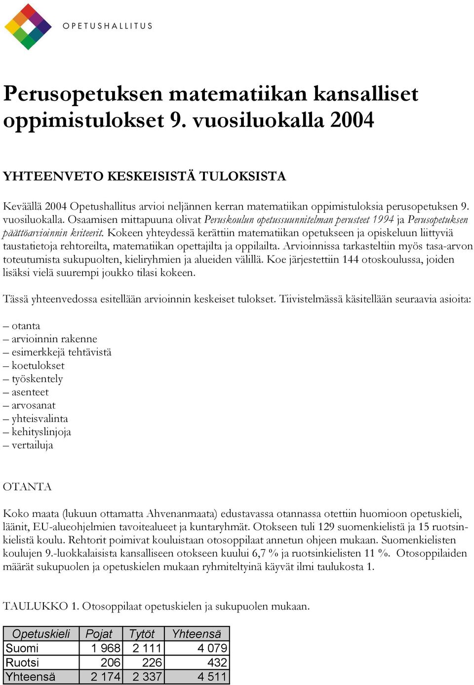 Osaamisen mittapuuna olivat Peruskoulun opetussuunnitelman perusteet 1994 ja Perusopetuksen päättöarvioinnin kriteerit.