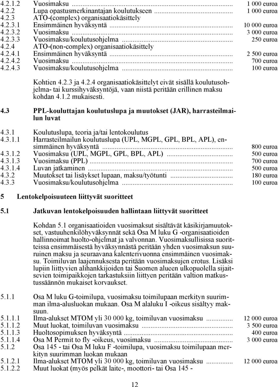 2.3 ja 4.2.4 organisaatiokäsittelyt eivät sisällä koulutusohjelma- tai kurssihyväksyntöjä, vaan niistä peritään erillinen maksu kohdan 4.1.2 mukaisesti. 4.3 PPL-kouluttajan koulutuslupa ja muutokset (JAR), harrasteilmailun luvat 4.