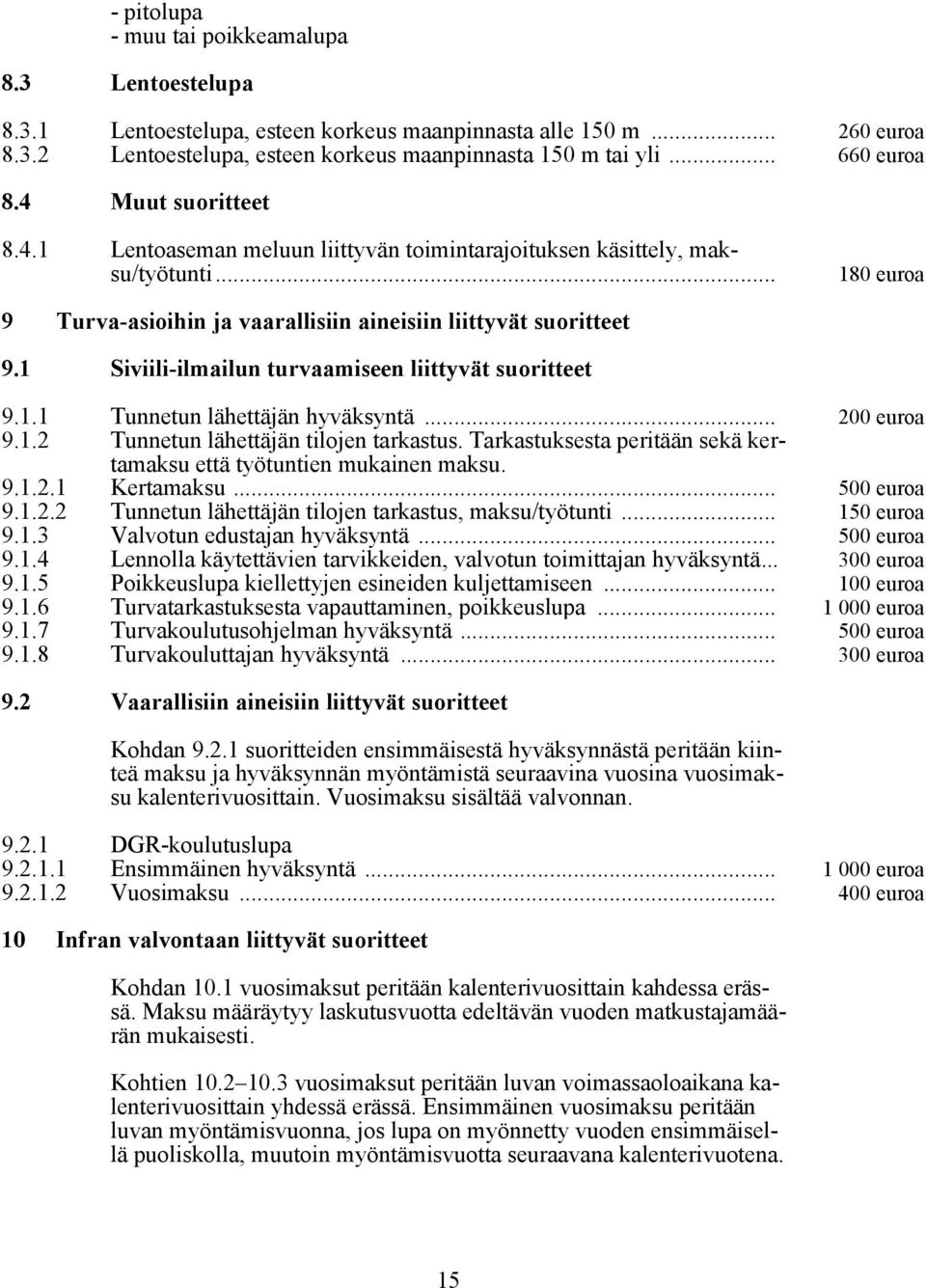 1 Siviili-ilmailun turvaamiseen liittyvät suoritteet 9.1.1 Tunnetun lähettäjän hyväksyntä... 200 euroa 9.1.2 Tunnetun lähettäjän tilojen tarkastus.