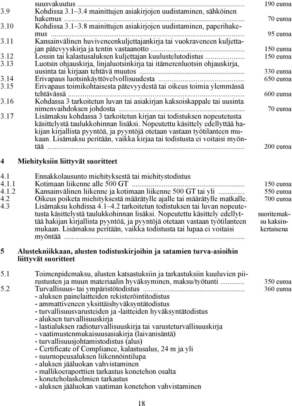 .. Luotsin ohjauskirja, linjaluotsinkirja tai itämerenluotsin ohjauskirja, 150 euroa uusinta tai kirjaan tehtävä muutos... 330 euroa 3.14 3.15 Erivapaus luotsinkäyttövelvollisuudesta.