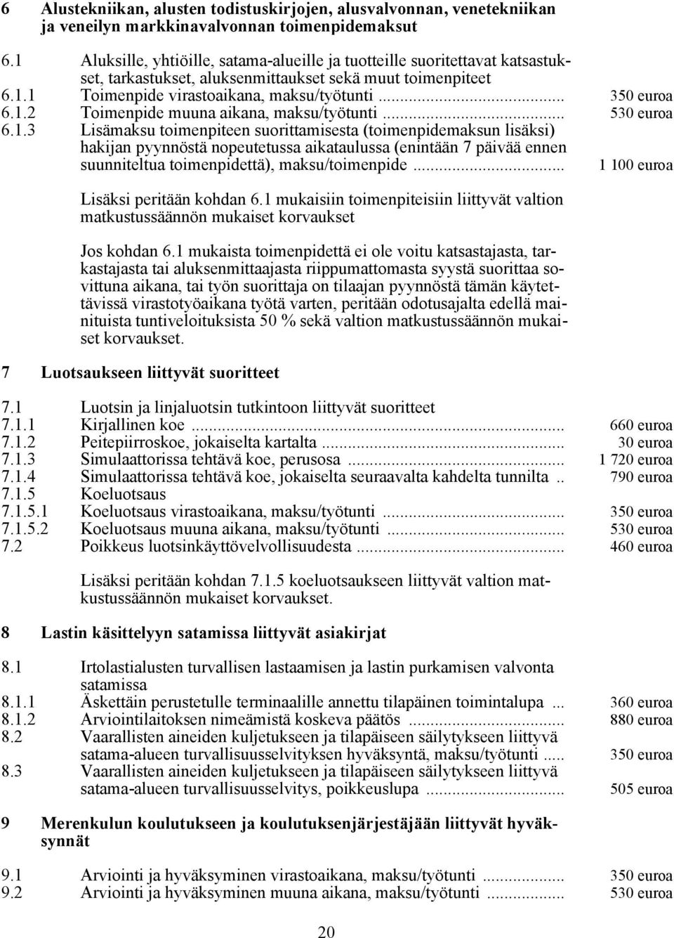 1.2 Toimenpide muuna aikana, maksu/työtunti... 530 euroa 6.1.3 Lisämaksu toimenpiteen suorittamisesta (toimenpidemaksun lisäksi) hakijan pyynnöstä nopeutetussa aikataulussa (enintään 7 päivää ennen suunniteltua toimenpidettä), maksu/toimenpide.