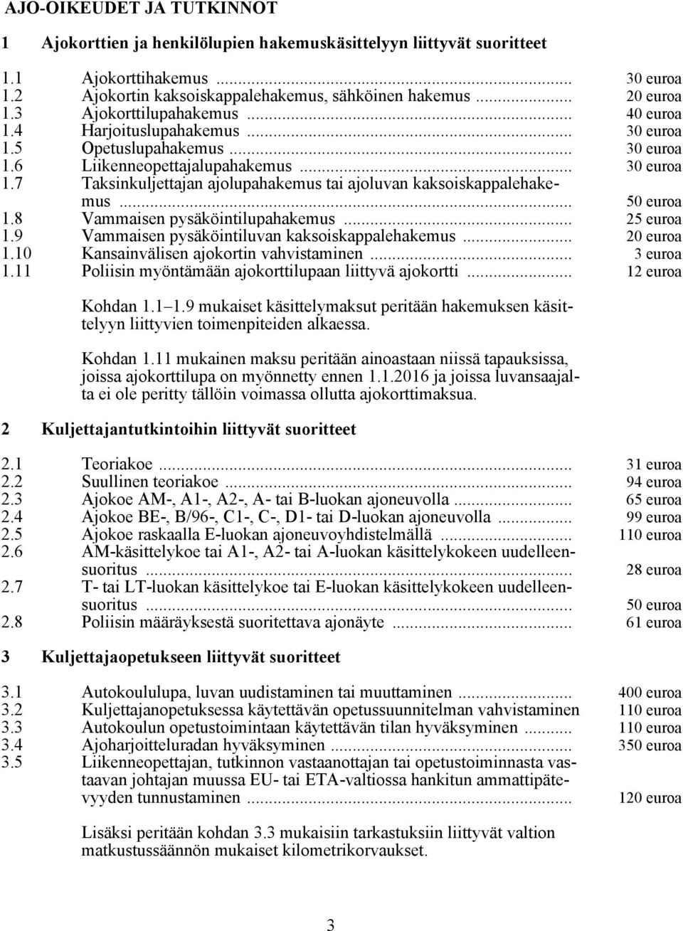 .. Taksinkuljettajan ajolupahakemus tai ajoluvan kaksoiskappalehakemus 30 euroa... 50 euroa 1.8 Vammaisen pysäköintilupahakemus... 25 euroa 1.9 Vammaisen pysäköintiluvan kaksoiskappalehakemus.