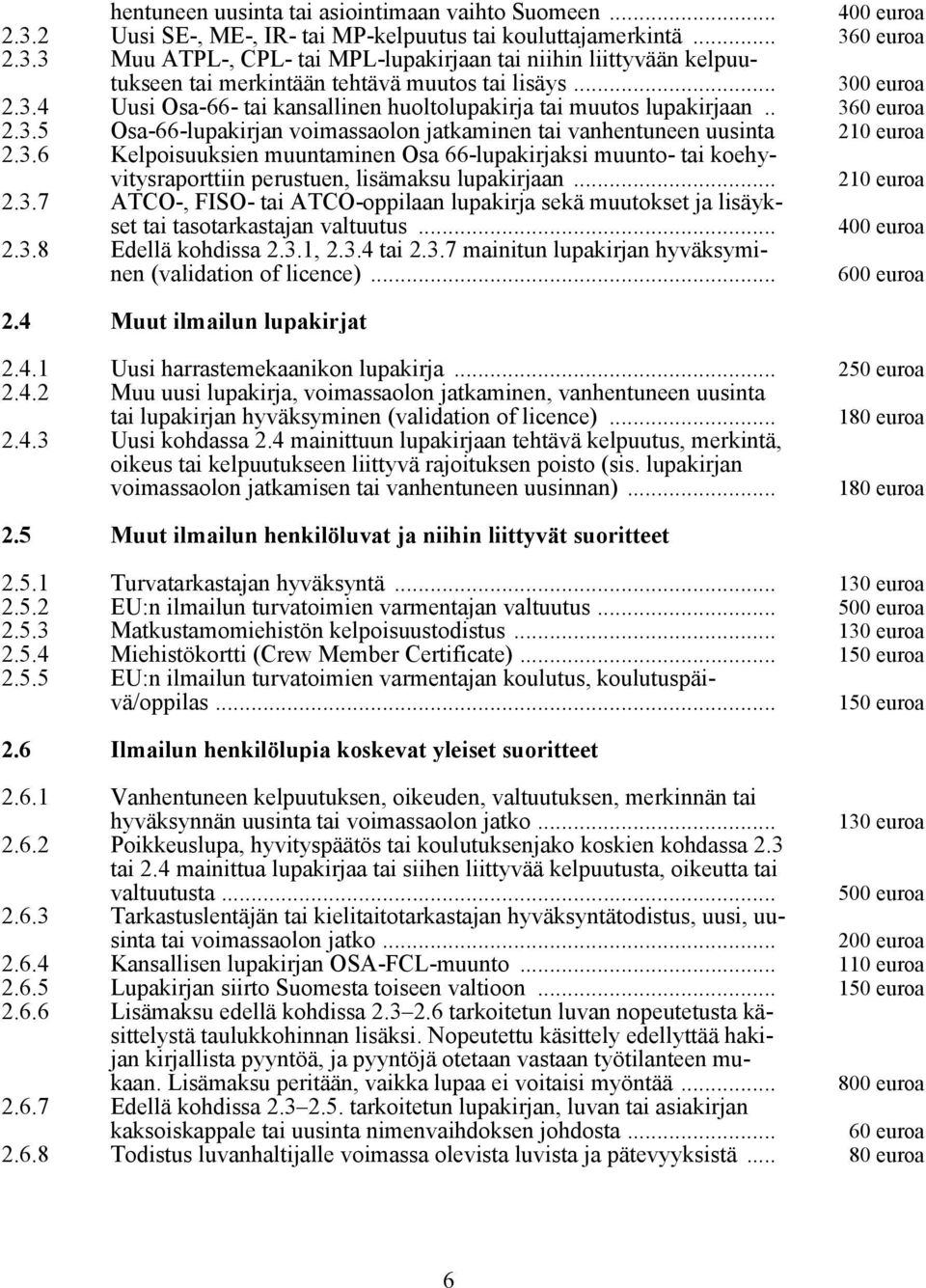 . 360 euroa 2.3.5 Osa-66-lupakirjan voimassaolon jatkaminen tai vanhentuneen uusinta 210 euroa 2.3.6 Kelpoisuuksien muuntaminen Osa 66-lupakirjaksi muunto- tai koehyvitysraporttiin 2.3.7 perustuen, lisämaksu lupakirjaan.