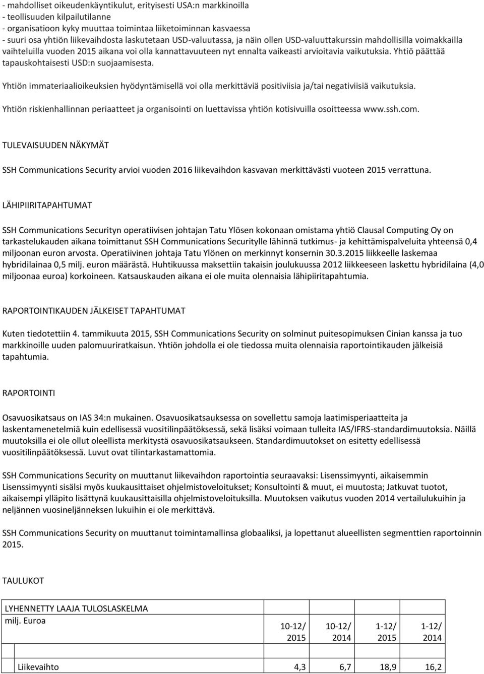 Yhtiö päättää tapauskohtaisesti USD:n suojaamisesta. Yhtiön immateriaalioikeuksien hyödyntämisellä voi olla merkittäviä positiviisia ja/tai negativiisiä vaikutuksia.