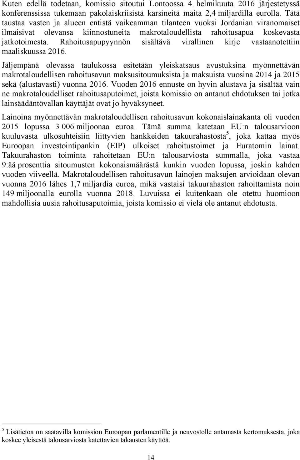Rahoitusapupyynnön sisältävä virallinen kirje vastaanotettiin maaliskuussa 2016.