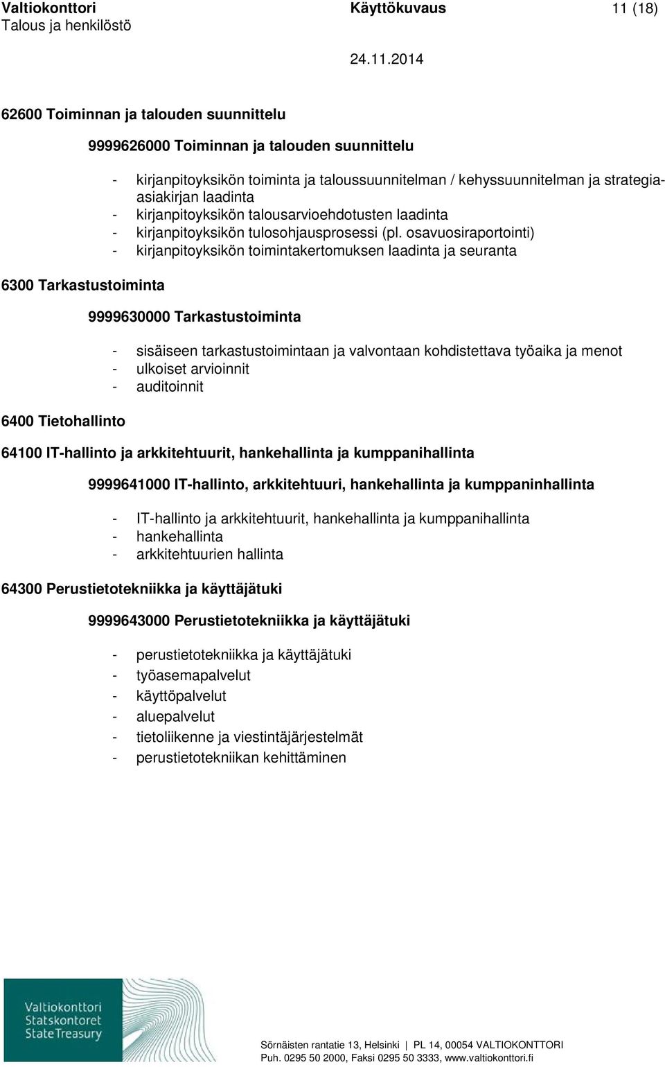 osavuosiraportointi) - kirjanpitoyksikön toimintakertomuksen laadinta ja seuranta 9999630000 Tarkastustoiminta - sisäiseen tarkastustoimintaan ja valvontaan kohdistettava työaika ja menot - ulkoiset