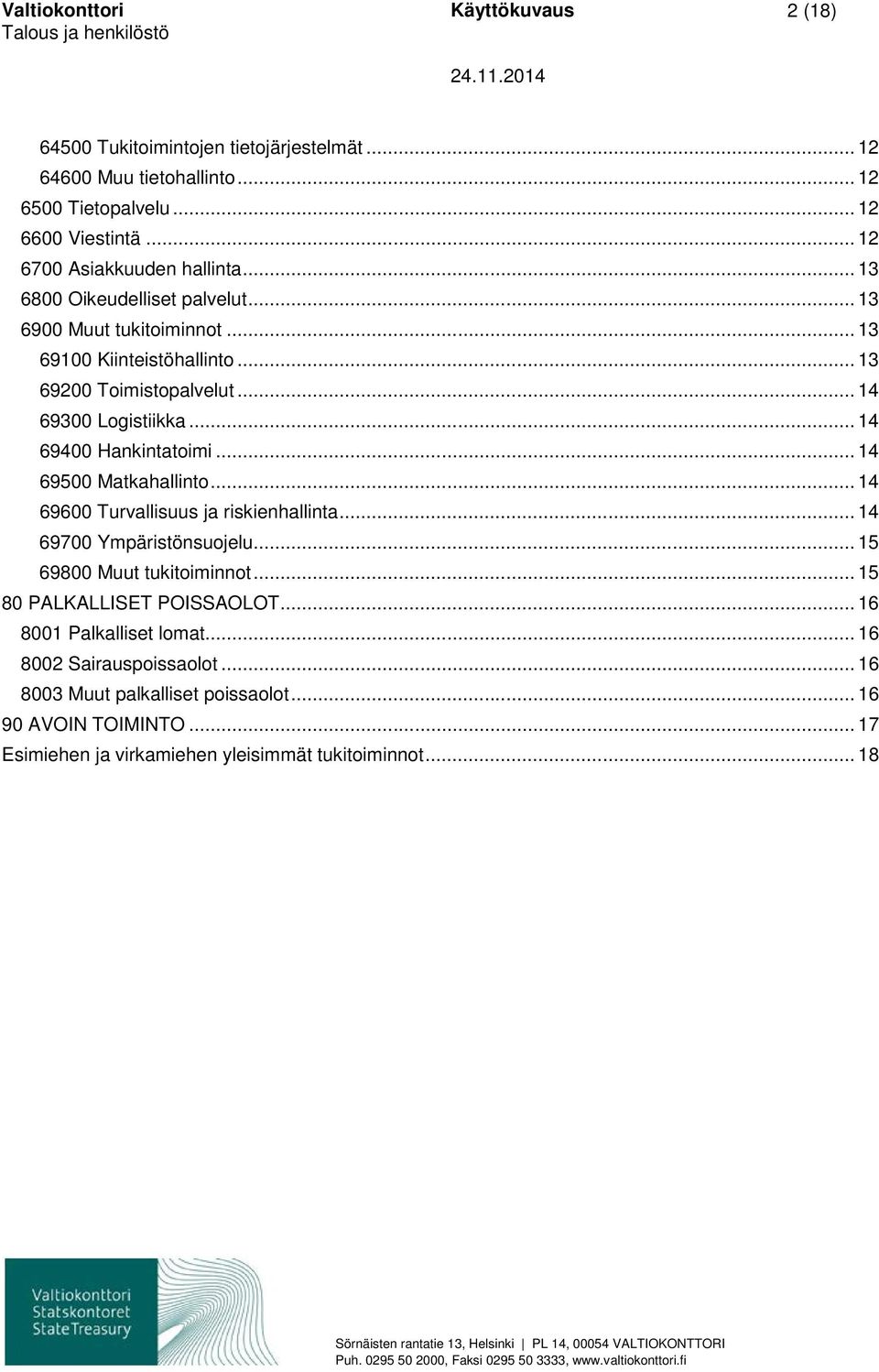 .. 14 69300 Logistiikka... 14 69400 Hankintatoimi... 14 69500 Matkahallinto... 14 69600 Turvallisuus ja riskienhallinta... 14 69700 Ympäristönsuojelu.