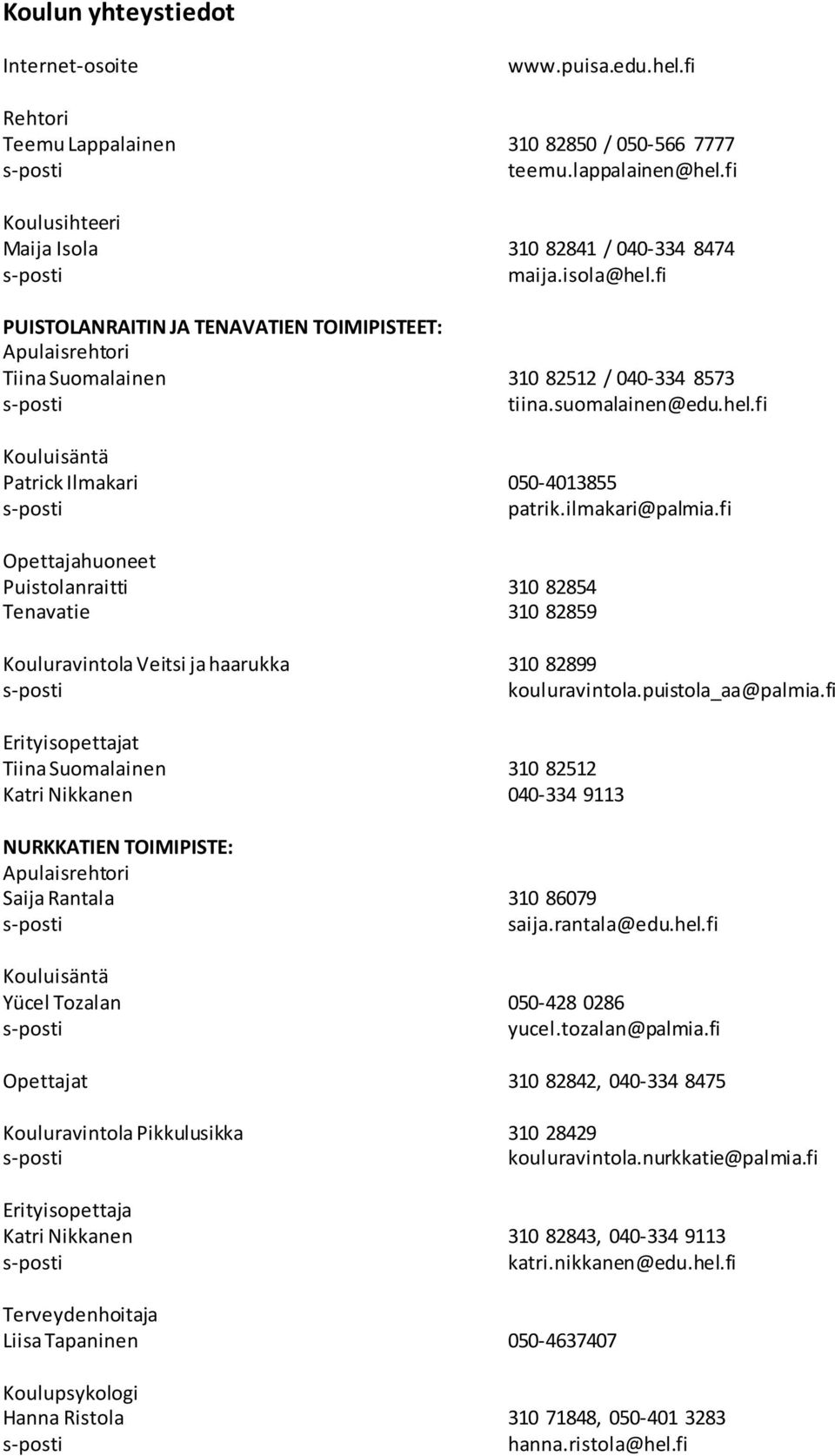 fi Opettajahuoneet Puistolanraitti 310 82854 Tenavatie 310 82859 Kouluravintola Veitsi ja haarukka 310 82899 kouluravintola.puistola_aa@palmia.