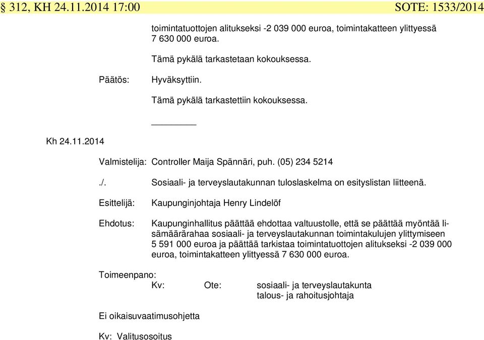 Esittelijä: Ehdotus: Kaupunginjohtaja Henry Lindelöf Kaupunginhallitus päättää ehdottaa valtuustolle, että se päättää myöntää lisämäärärahaa sosiaali- ja terveyslautakunnan toimintakulujen