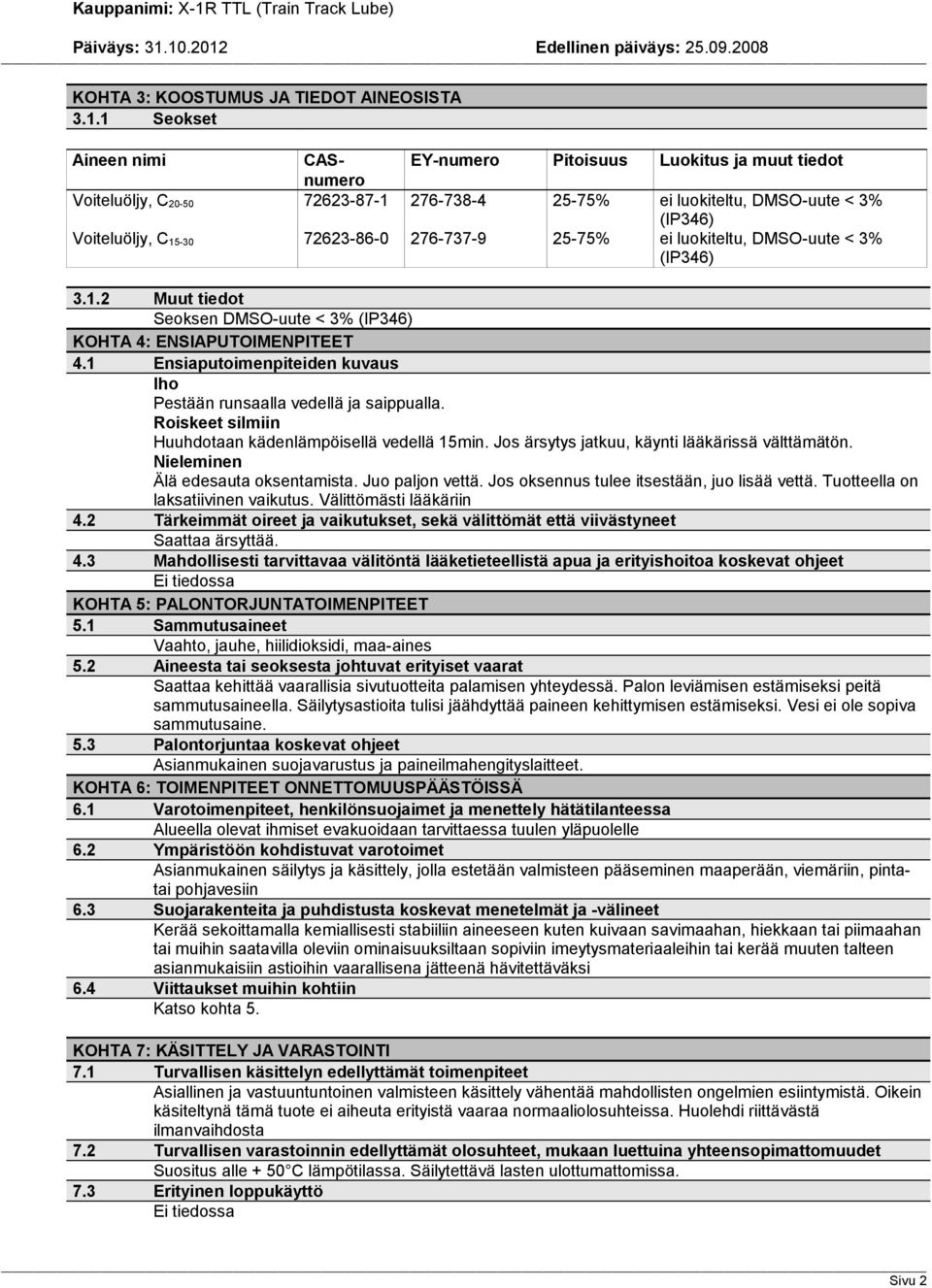 < 3% (IP346) ei luokiteltu, DMSO-uute < 3% (IP346) 3.1.2 Muut tiedot Seoksen DMSO-uute < 3% (IP346) KOHTA 4: ENSIAPUTOIMENPITEET 4.