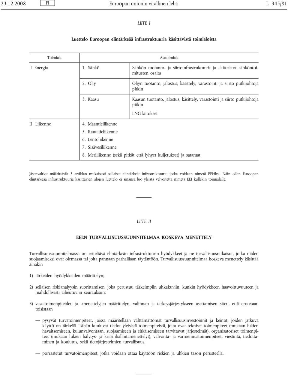 Kaasu Kaasun tuotanto, jalostus, käsittely, varastointi ja siirto putkijohtoja pitkin LNG-laitokset II Liikenne 4. Maantieliikenne 5. Rautatieliikenne 6. Lentoliikenne 7. Sisävesiliikenne 8.