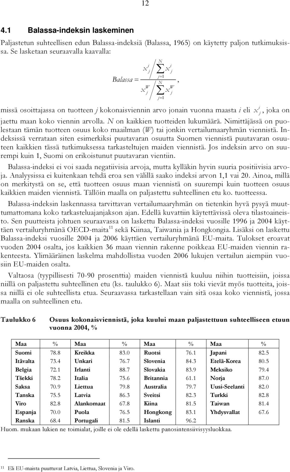 N on kaikkien tuotteiden lukumäärä. Nimittäjässä on puolestaan tämän tuotteen osuus koko maailman (W) tai jonkin vertailumaaryhmän viennistä.