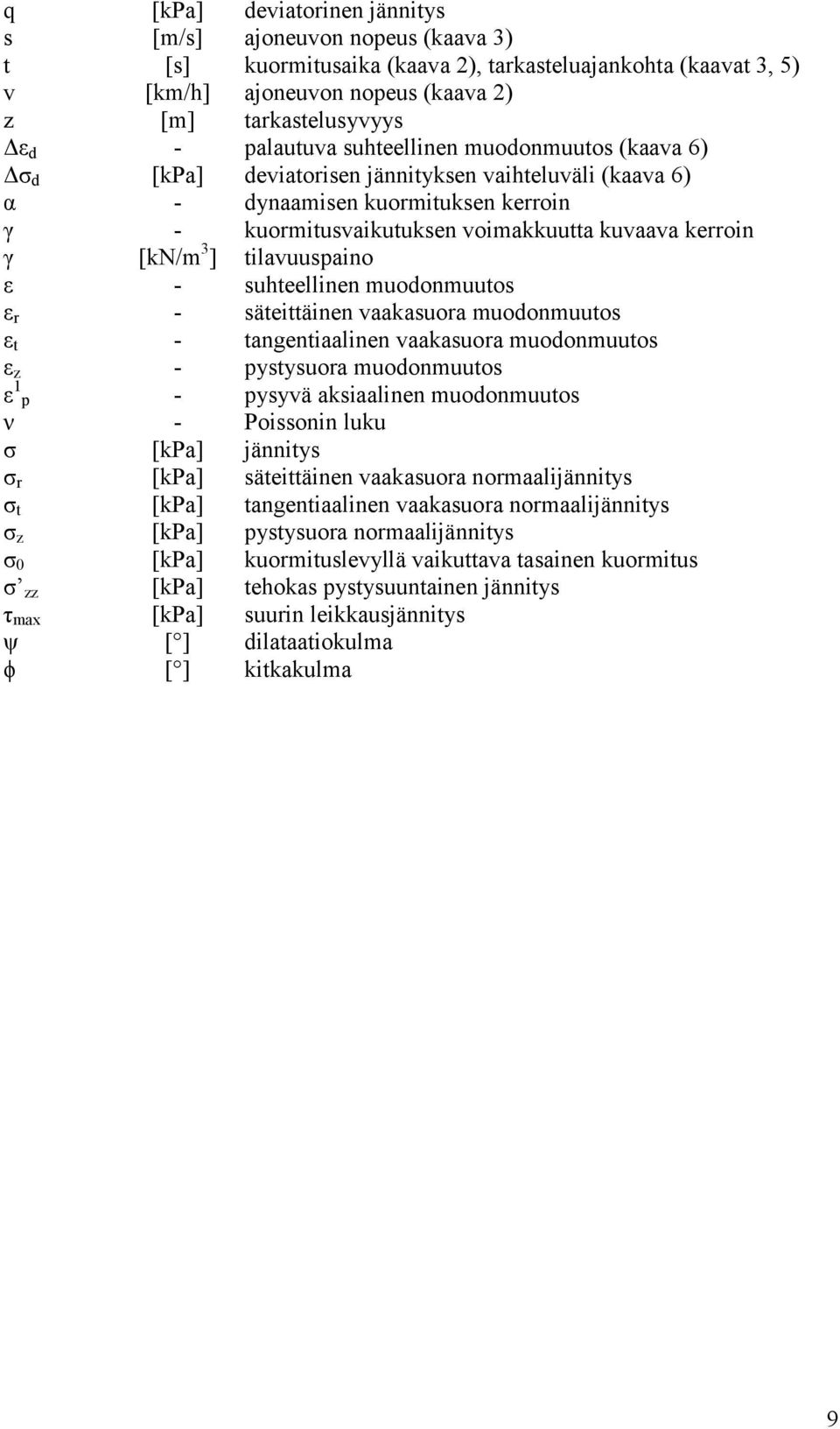 [kn/m 3 ] tilavuuspaino ε - suhteellinen muodonmuutos ε r - säteittäinen vaakasuora muodonmuutos ε t - tangentiaalinen vaakasuora muodonmuutos ε z - pystysuora muodonmuutos ε 1 p - pysyvä aksiaalinen