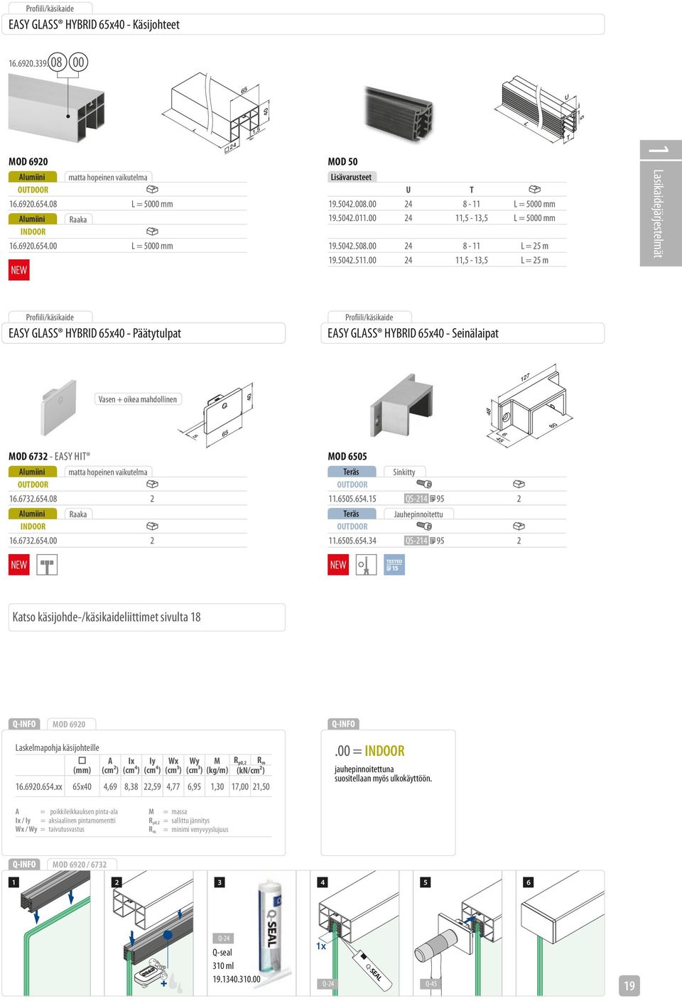 00 24 11,5-13,5 L = 25 m L T 1 Lasikaidejärjestelmät 127 48 5 Profiili/käsikaide EASY GLASS HYBRID 65x40 - Päätytulpat Profiili/käsikaide EASY GLASS HYBRID 65x40 - Seinälaipat Vasen + oikea