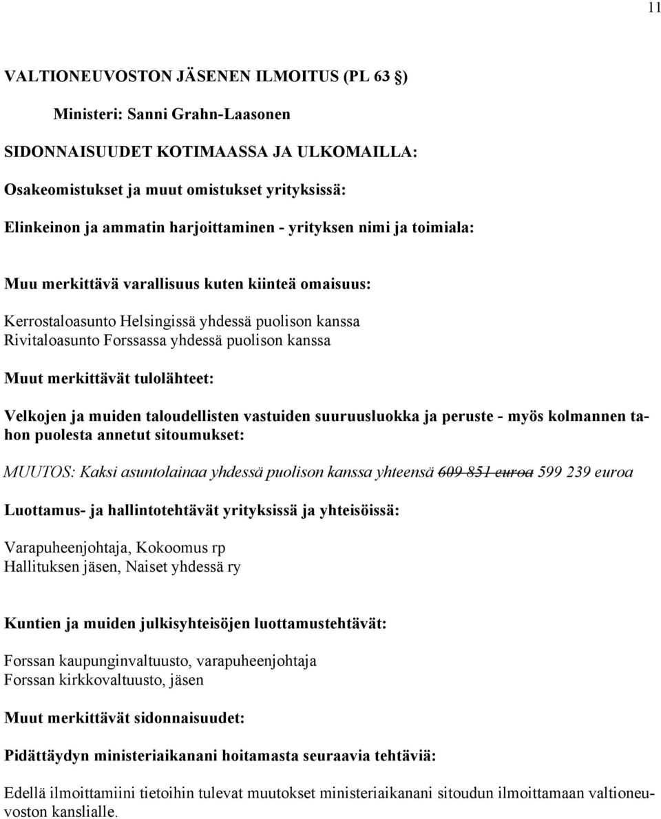 annetut sitoumukset: MUUTOS: Kaksi asuntolainaa yhdessä puolison kanssa yhteensä 609 851 euroa 599 239 euroa Luottamus ja hallintotehtävät yrityksissä