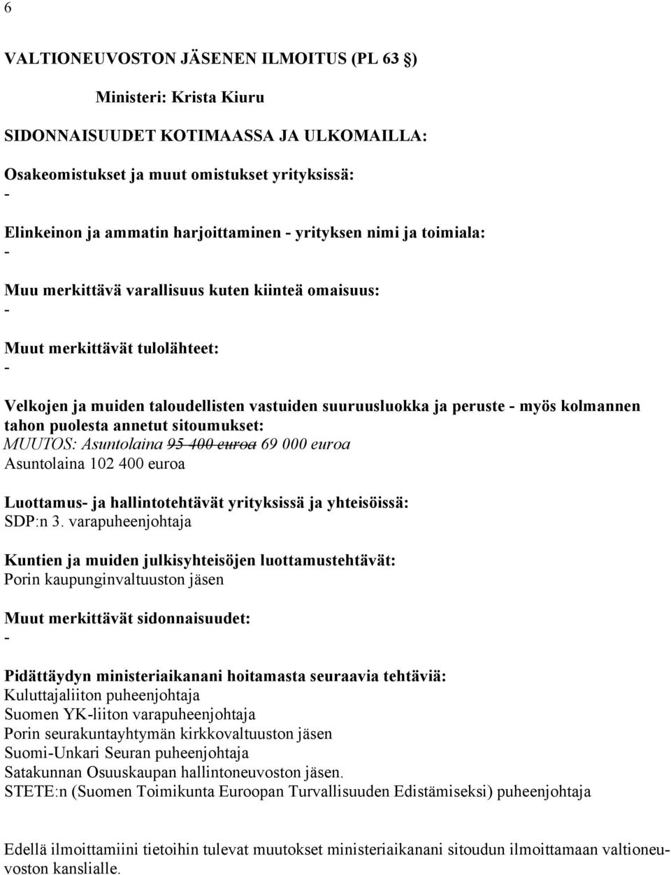 3. varapuheenjohtaja Porin kaupunginvaltuuston jäsen Kuluttajaliiton puheenjohtaja Suomen YKliiton varapuheenjohtaja Porin seurakuntayhtymän kirkkovaltuuston