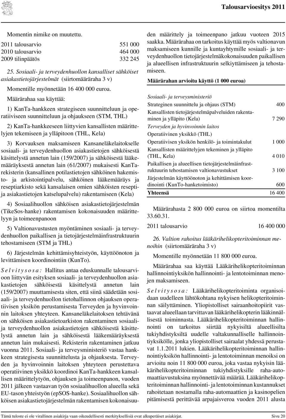 Määrärahaa saa käyttää: 1) KanTa-hankkeen strategiseen suunnitteluun ja operatiiviseen suunnitteluun ja ohjaukseen (STM, THL) 2) KanTa-hankkeeseen liittyvien kansallisten määrittelyjen tekemiseen ja