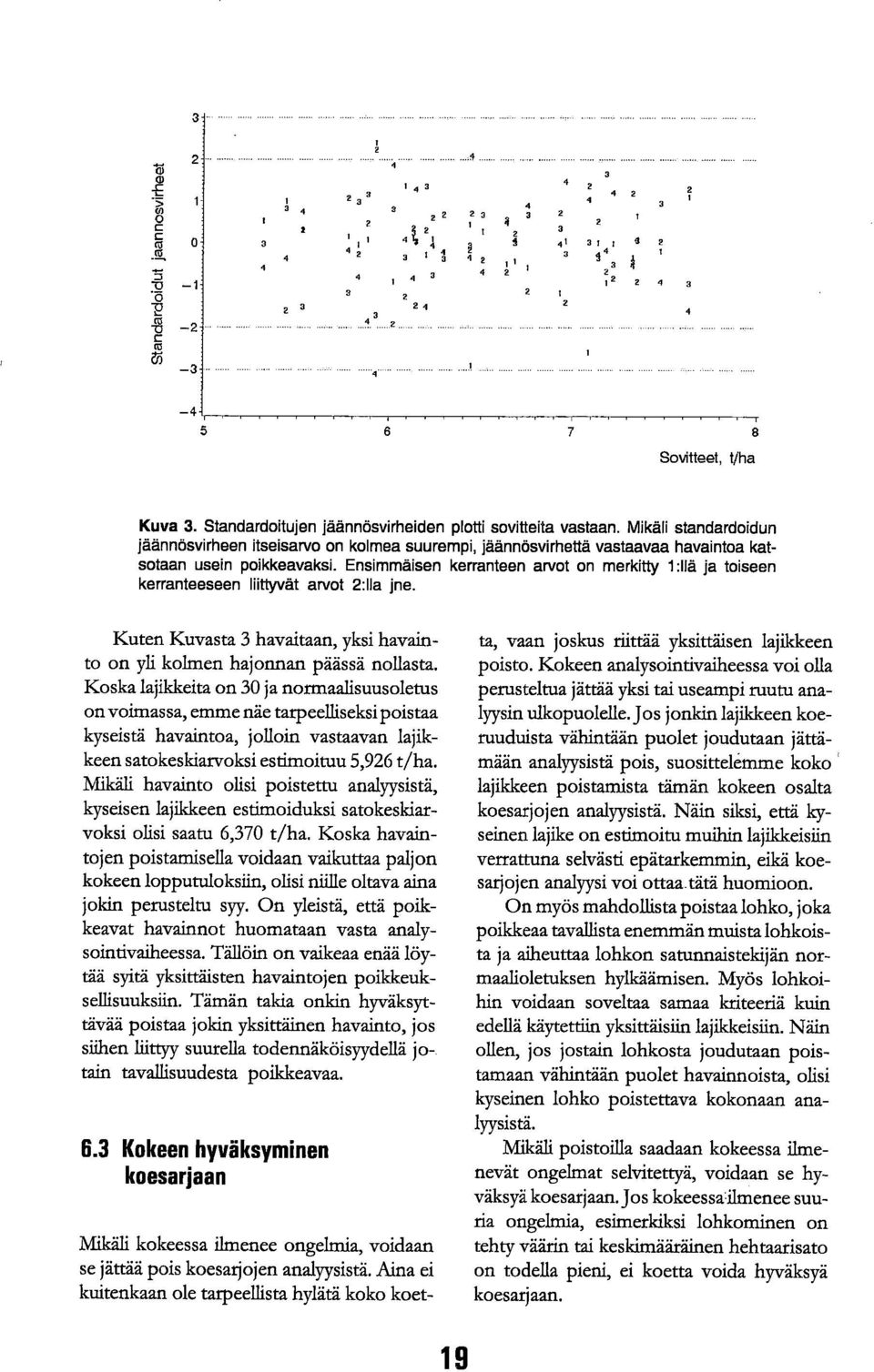 Ensimmäisen kerranteen arvot on merkitty 1:11ä ja toiseen kerranteeseen liittyvät arvot :11a jne. Kuten Kuvasta 3 havaitaan, yksi havainto on yli kolmen hajonnan päässä nollasta.