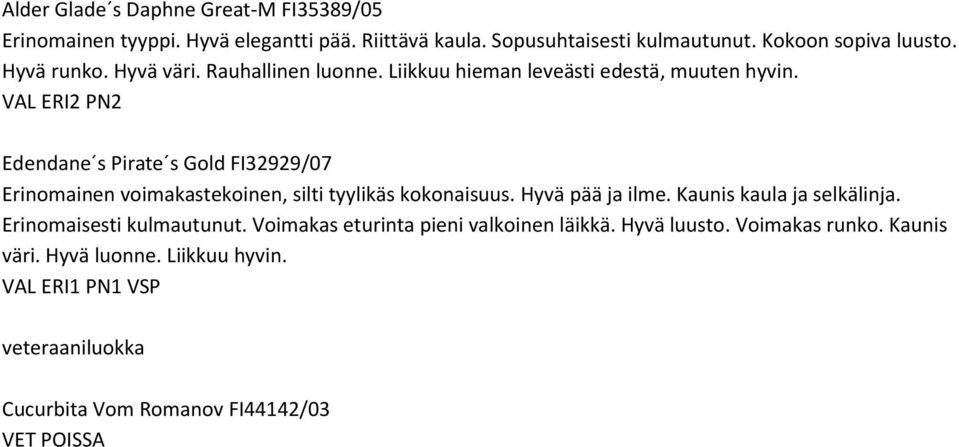 VAL ERI2 PN2 Edendane s Pirate s Gold FI32929/07 Erinomainen voimakastekoinen, silti tyylikäs kokonaisuus. Hyvä pää ja ilme.