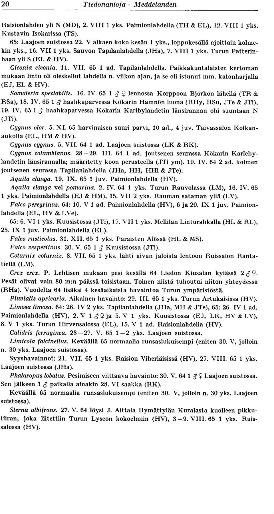 viikon ajan, ja se oli istunut mm. katonharjalla (Ei, EL & HV). Somateria spectabilis. 16. IV. 65 1 ö lennossa Korppoon Björkön lähellä (TR & RSa), 18. IV. 65 1 haahkaparvessa Kökarin Hamnön luona (RHy, RSu, JTe & JTi), 19.