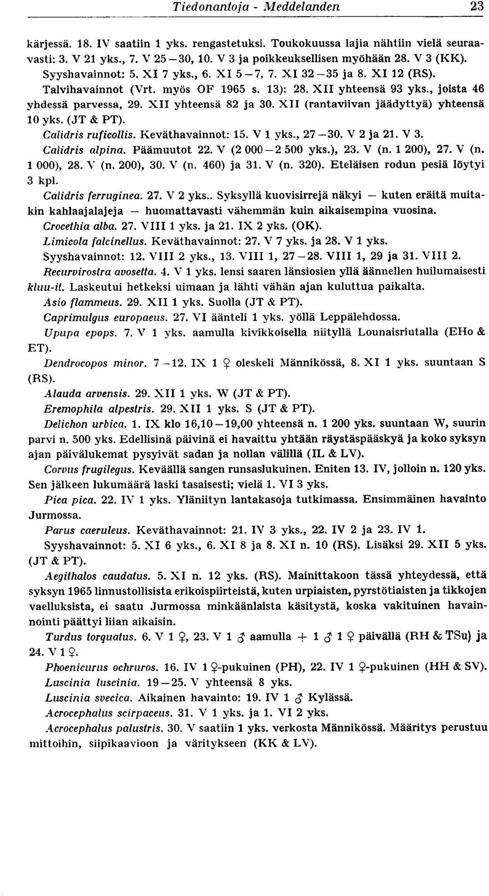 XII (rantaviivan jäädyttyä) yhteensä 10 yks. (JT & PT). Calidris ruficollis. Keväthavainnot : 15. V 1 yks., 27-30. V 2 ja 21. V3. Calidris alpina. Päämuutot 22. V (2 000-2 500 yks.), 23. V (n.