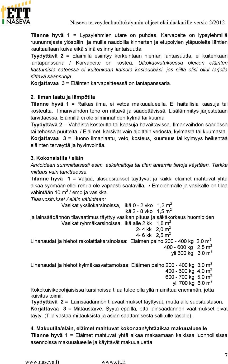 Tyydyttävä 2 = Eläimillä esiintyy korkeintaan hieman lantaisuutta, ei kuitenkaan lantapanssaria / Karvapeite on kostea.