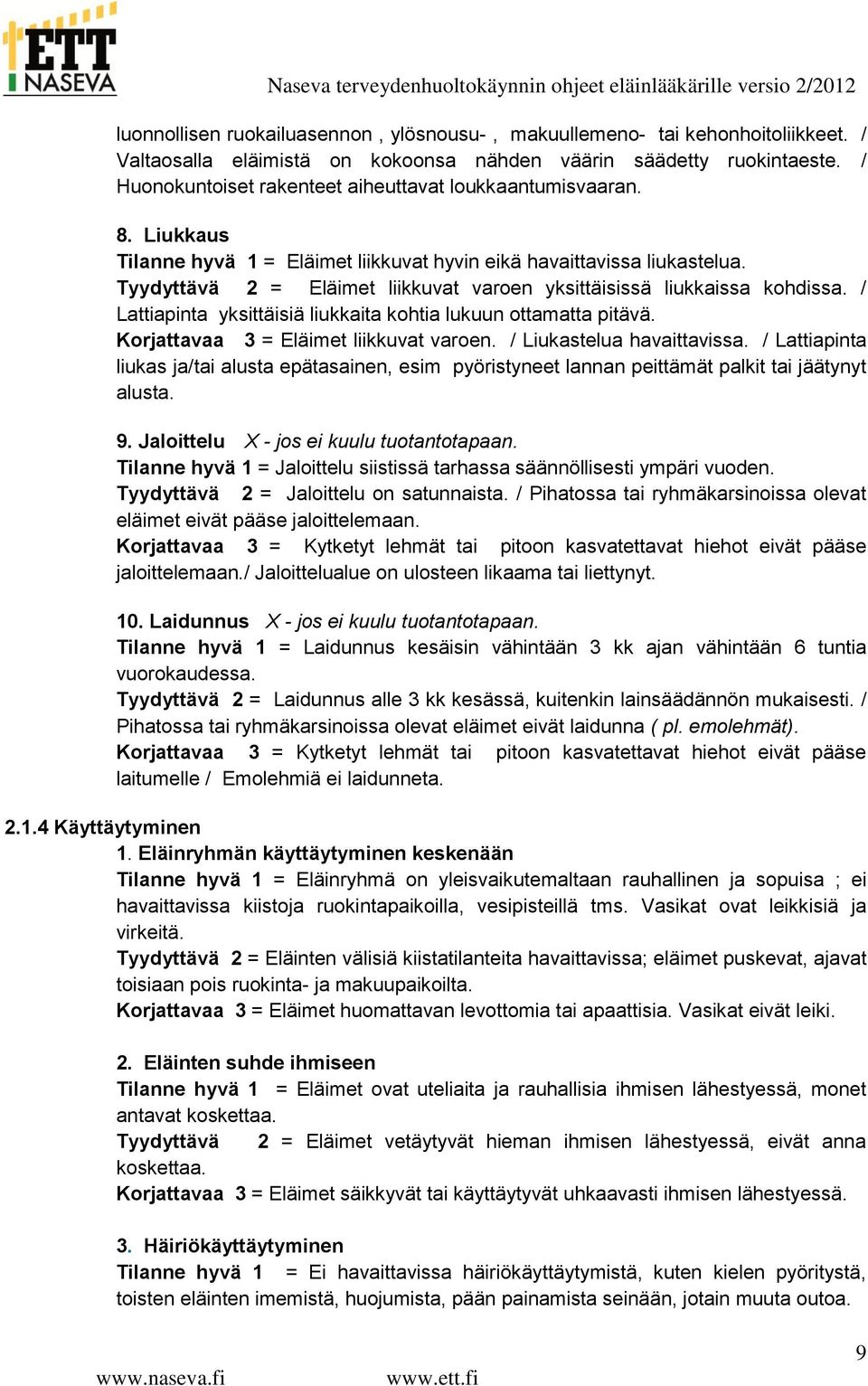 Tyydyttävä 2 = Eläimet liikkuvat varoen yksittäisissä liukkaissa kohdissa. / Lattiapinta yksittäisiä liukkaita kohtia lukuun ottamatta pitävä. Korjattavaa 3 = Eläimet liikkuvat varoen.