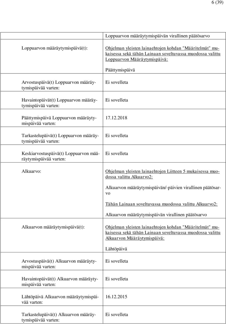 määräytymispäivää varten: Tarkastelupäivä(t) Loppuarvon määräytymispäivää varten: Keskiarvostuspäivä(t) Loppuarvon määräytymispäivää varten: Alkuarvo: 17.12.