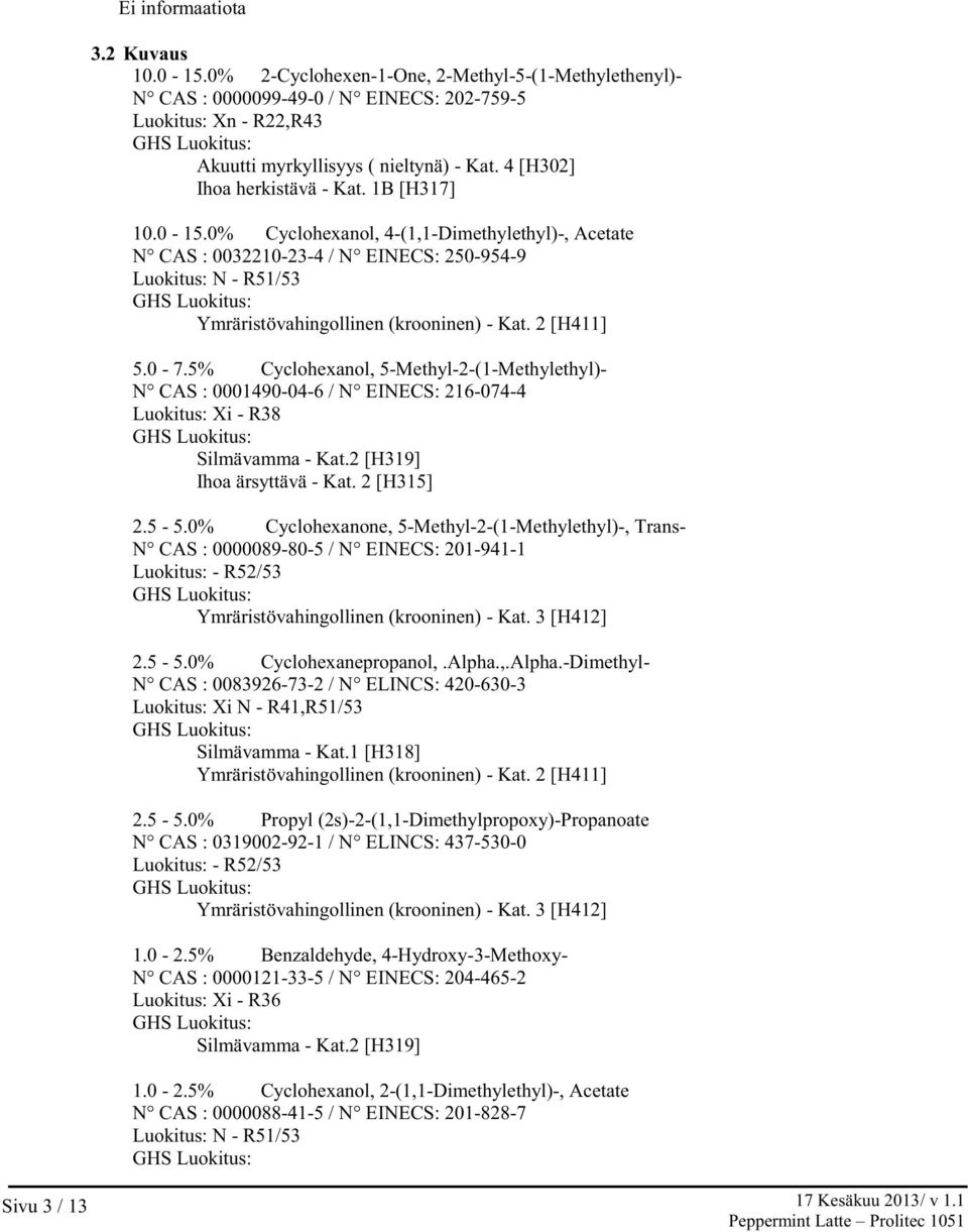 0% Cyclohexanol, 4-(1,1-Dimethylethyl)-, Acetate N CAS : 0032210-23-4 / N EINECS: 250-954-9 Luokitus: N - R51/53 Ymräristövahingollinen (krooninen) - Kat. 2 [H411] 5.0-7.